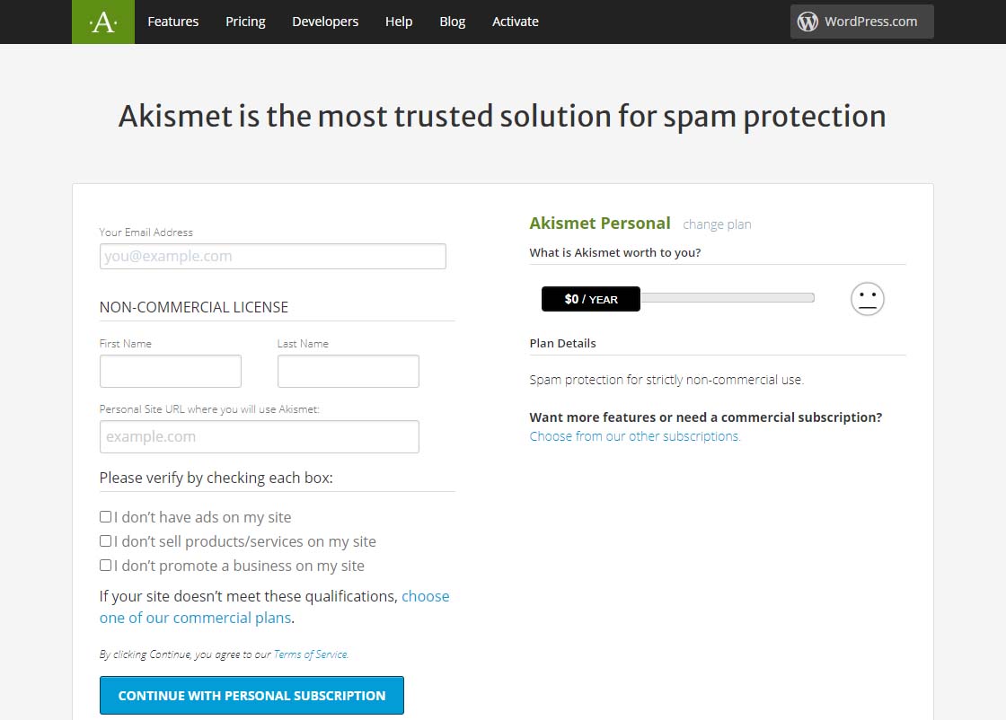 Akismet $0 per year page