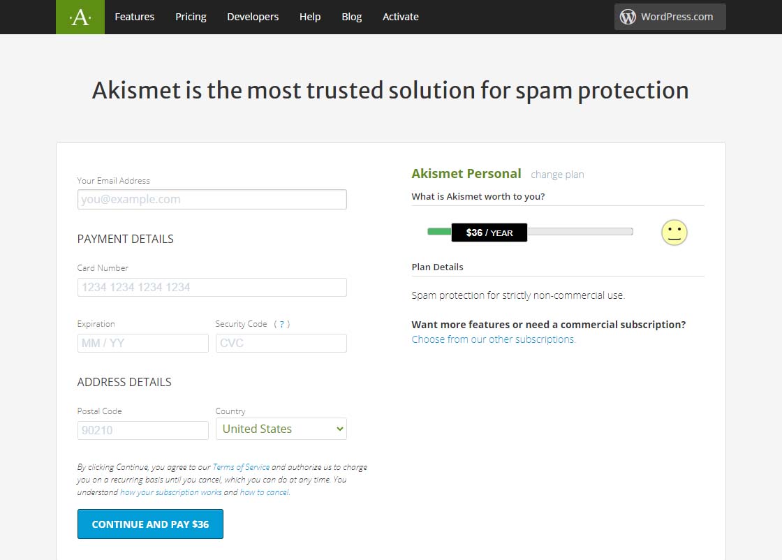 Akismet Default $36 per year page